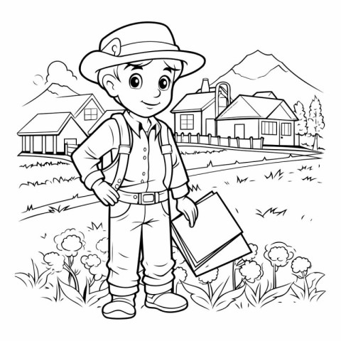 Outline illustration of a boy scout standing in front of a house