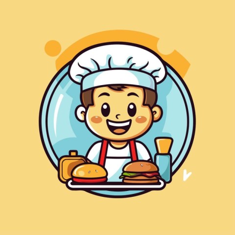 Chef boy with hamburger and french fries. Vector illustration.