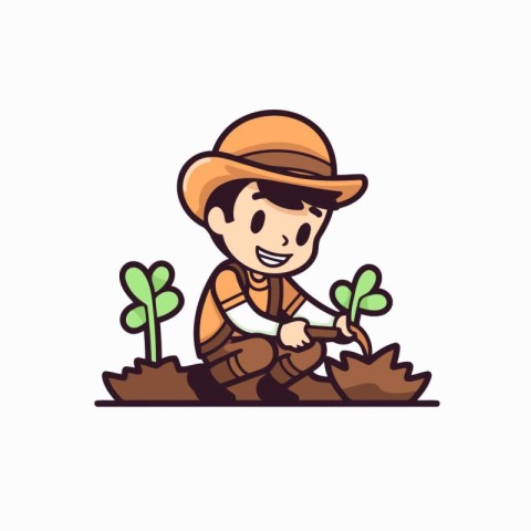 Farmer working in the garden. Vector illustration in cartoon sty