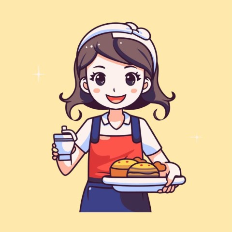 Cute cartoon woman in apron holding plate of hamburger and bottl