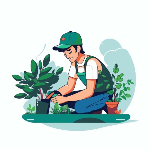 Gardener in uniform planting flowers. Flat style vector illustra