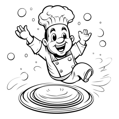 Chef - Black and White Cartoon Illustration of a Cheerful Chef P