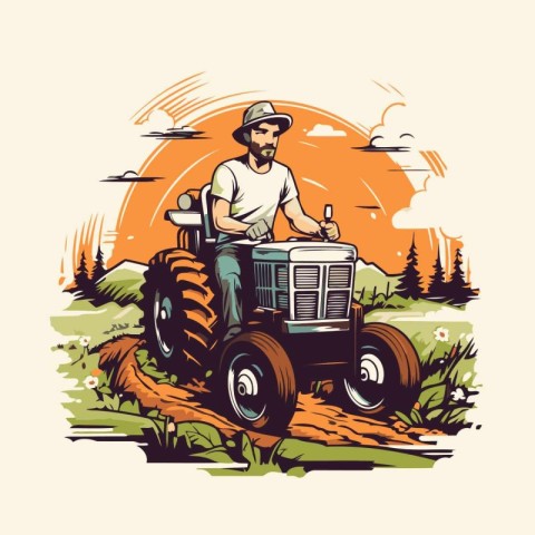 Farmer driving a tractor in the field. Vector illustration in re