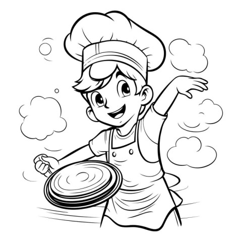 Black and White Cartoon Illustration of Little Boy Chef Holding