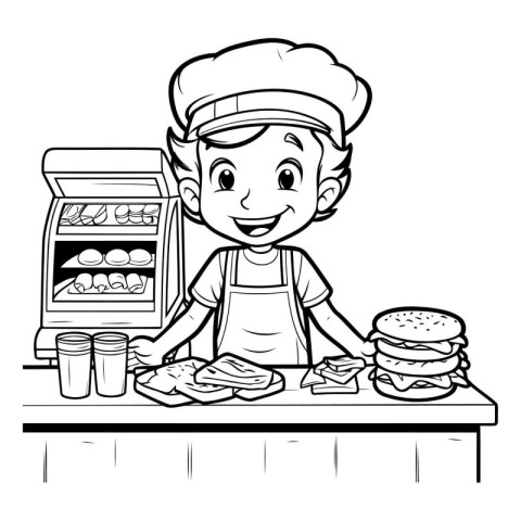 Black and White Cartoon Illustration of Little Boy Chef Cooking