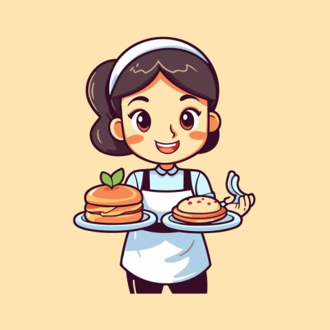 Cute girl holding a tray of pancakes. Vector cartoon illustratio