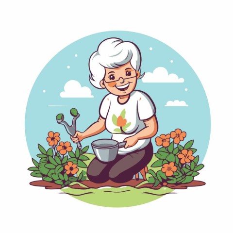 Grandmother planting flowers in the garden. Vector illustration