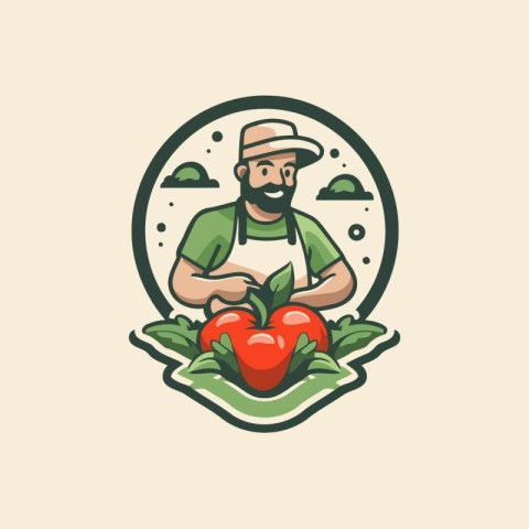 Vector illustration of a farmer holding a bunch of red ripe appl