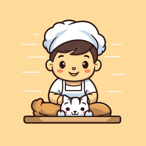 Cute little chef boy with dog and bread. Vector illustration.