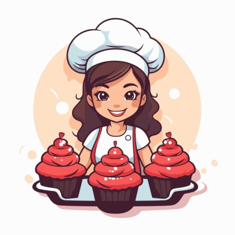 Cute little girl chef with cupcakes. Vector cartoon illustration