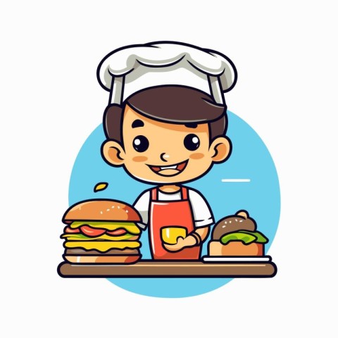 Chef boy with hamburger. Vector illustration in cartoon style.