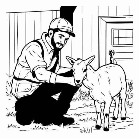 Farmer with goat. Black and white vector illustration for colori