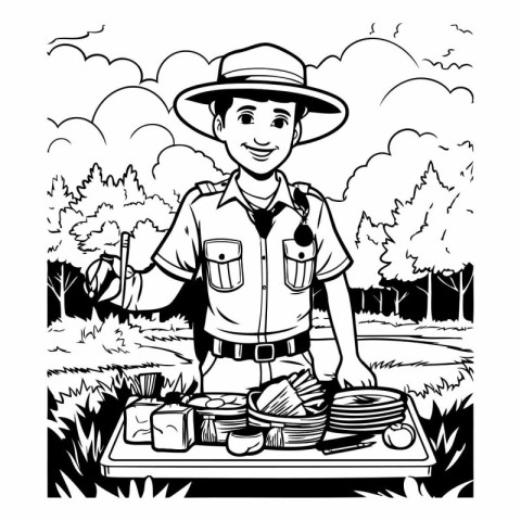 Boy scout with food in the field. black and white vector illustr