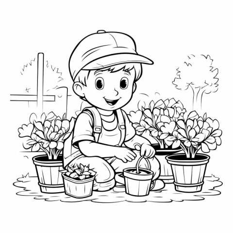 Boy planting flowers in the garden. Coloring book for children.