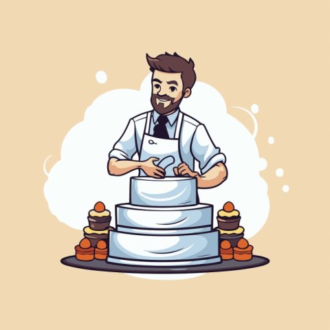 Handsome chef with cake. Vector illustration in cartoon style.