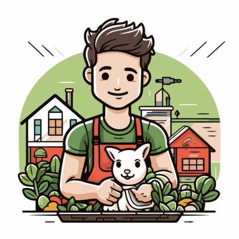 Vector illustration of a farmer holding a rabbit in his hands. C