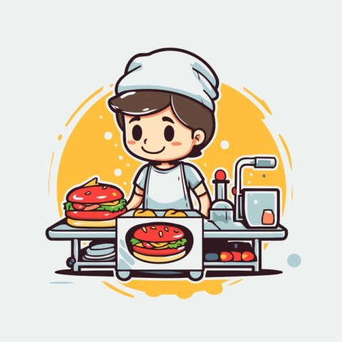 Cartoon boy cooking hamburger in the kitchen. Vector illustratio