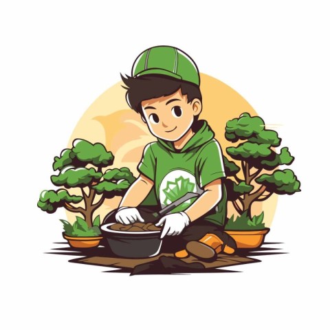 Cute little boy planting a tree in the garden. Vector illustrati