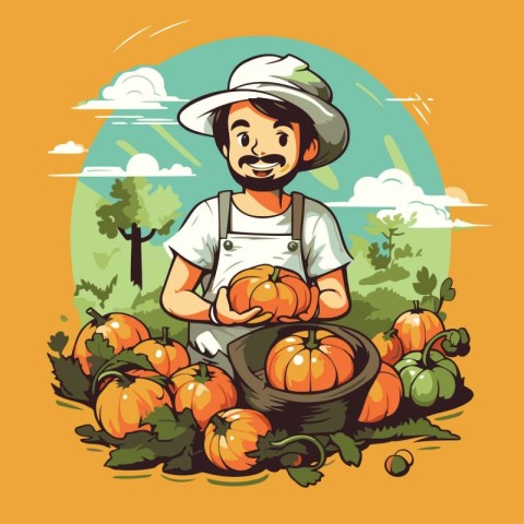 Farmer with pumpkins in the field. Vector cartoon illustration.