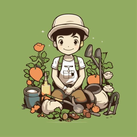 Vector illustration of a gardener with tools and vegetables in c