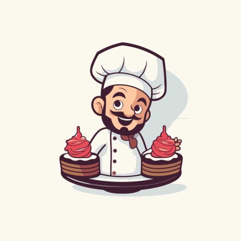 Chef with cakes cartoon vector illustration. Cute cartoon charac