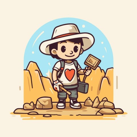 Cute cartoon explorer boy with a suitcase and a map. Vector illu