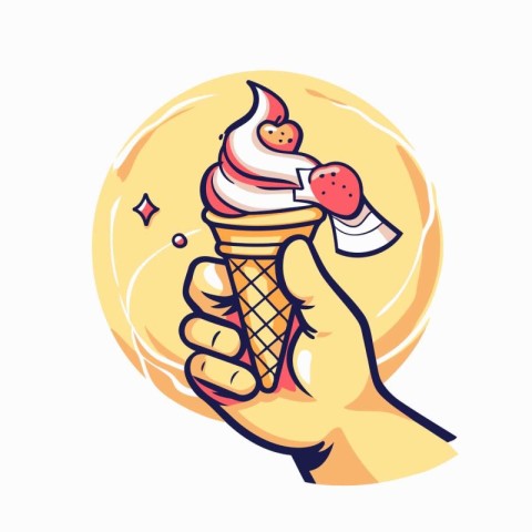 Hand holding ice cream cone with strawberry and cherry. Vector i