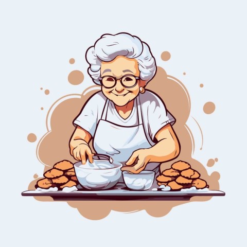 Elderly woman cooking in the kitchen. Vector illustration in car