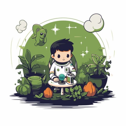 Cute little boy playing in the garden. Vector illustration in ca