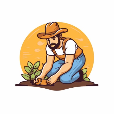 Gardener digging a hole in the ground. Vector illustration.