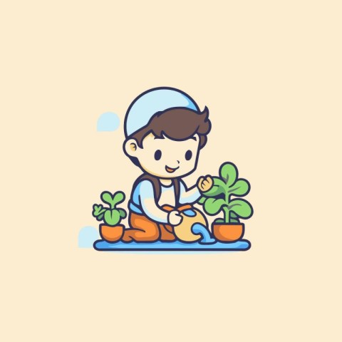 Vector illustration of a boy planting a houseplant in a pot.