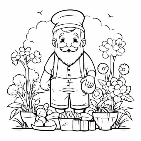 Garden gnome with flowers coloring page for adults vector illust