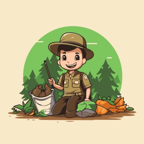 Fisherman with bucket of potato in forest. Vector illustration.