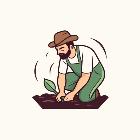 Vector illustration of a gardener planting a plant in the ground