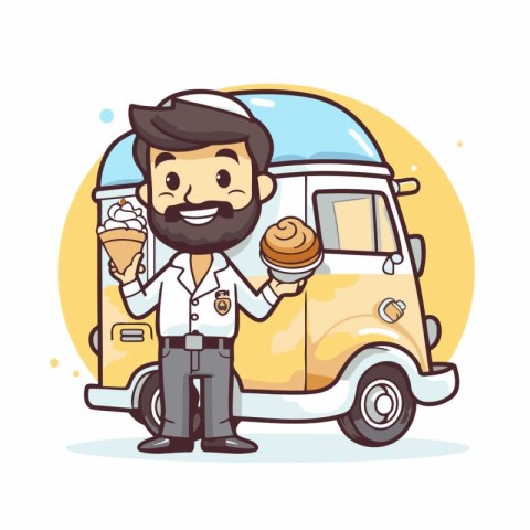 Man with ice cream truck. Food delivery service. Vector illustra