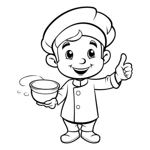 Black and White Cartoon Illustration of Cute Little Chef Boy Cha