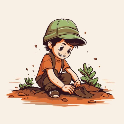 Cute little boy playing in the soil. Vector cartoon illustration