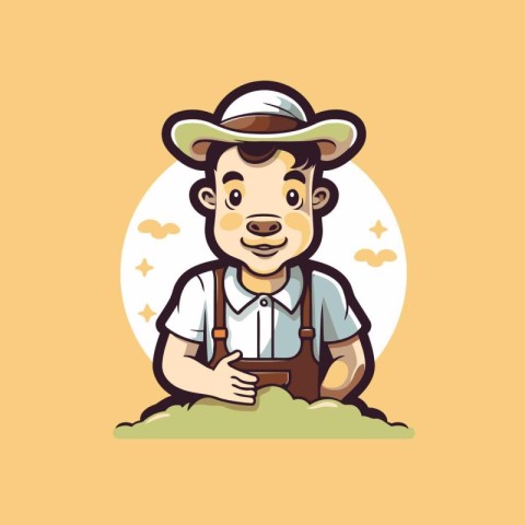 Illustration of a cartoon smiling farmer with hat and apron.