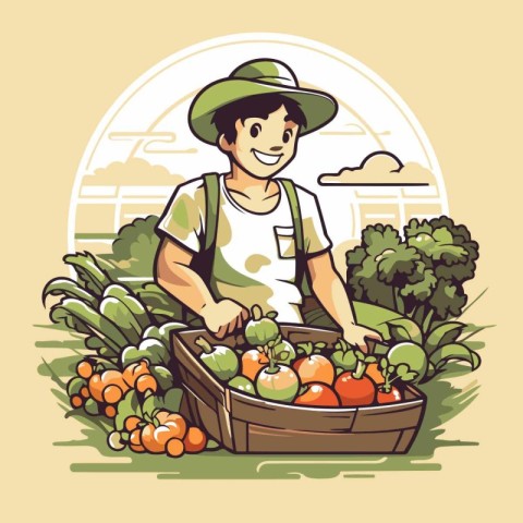 Vector illustration of a farmer with a basket full of fresh vege