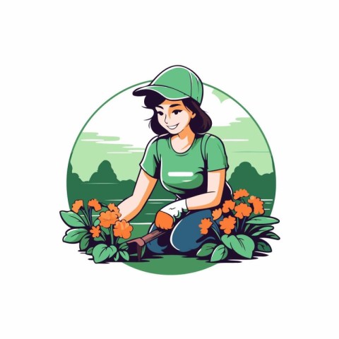 Gardener woman with flowers in her hands. Vector illustration.