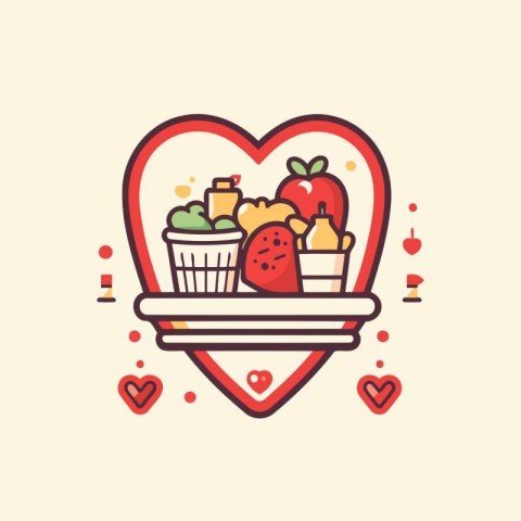 Valentine's day card with heart and food. Vector illustration