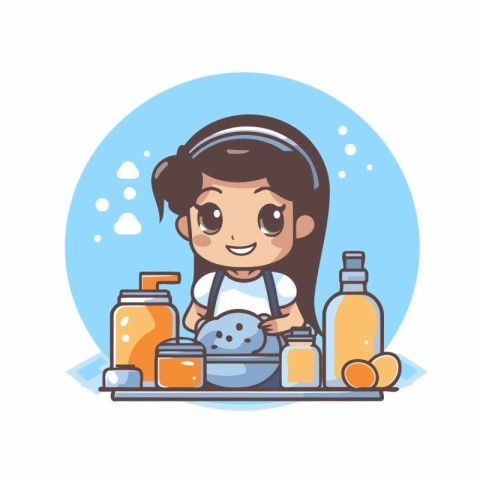 Cute little girl washing dishes. Vector illustration in cartoon