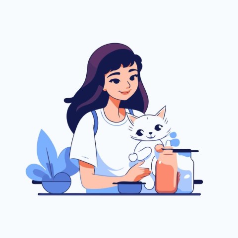 Girl with a cat in the kitchen. Vector illustration in cartoon s