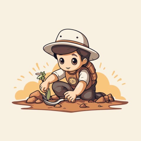 Illustration of a Kid Boy Digging a Hole in the Sand