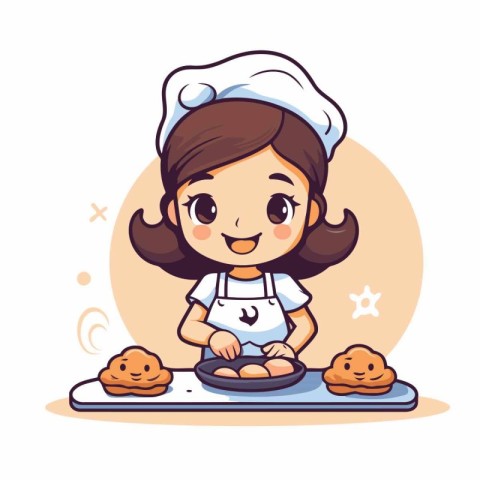 Cute little chef girl cooking in the kitchen. Vector illustratio