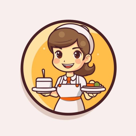 Cute cartoon chef girl holding plate with cake. Vector illustrat