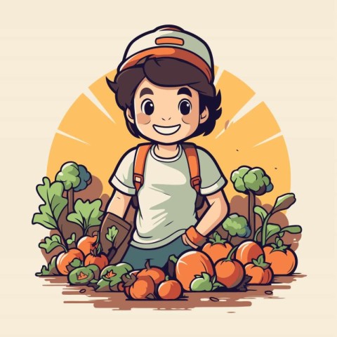 Cute little farmer boy with harvest of vegetables. Vector illust