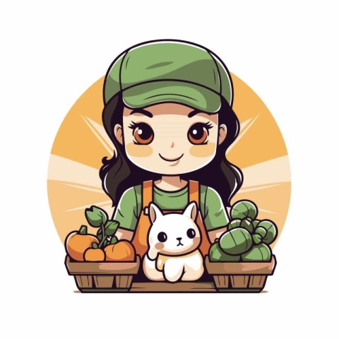 Cute little farmer girl with a rabbit and basket of vegetables.