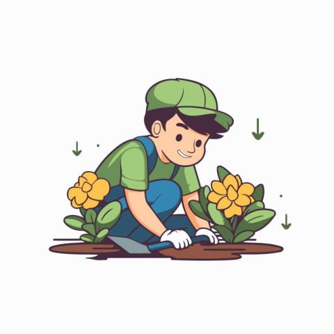 Gardener boy planting flowers. Vector illustration in cartoon st