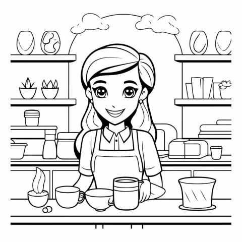 Girl cooking in the kitchen. black and white vector illustration